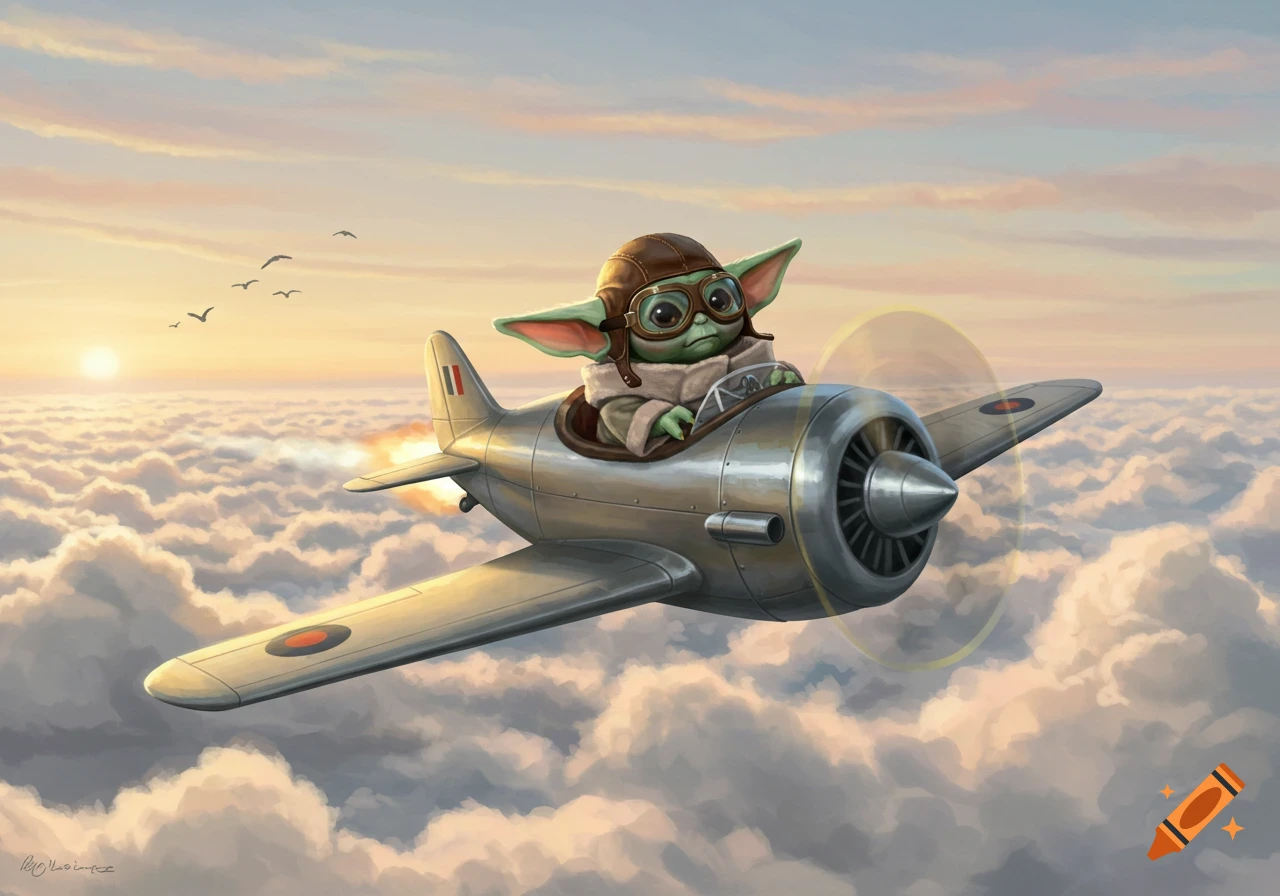 Baby Yoda in a pilot's helmet and goggles flying a propeller plane above clouds at sunset, illustration.