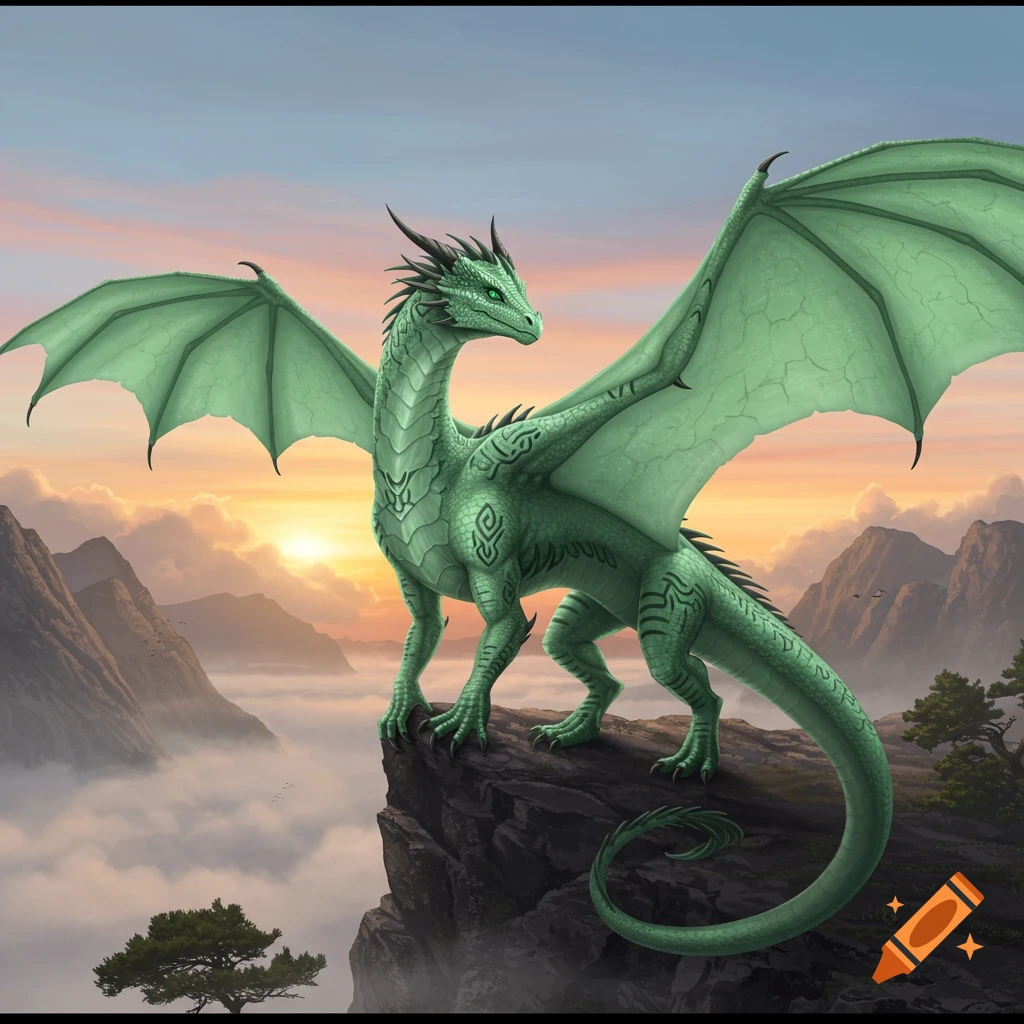 A mint-colored dragon with black markings stands on a rocky cliff overlooking a foggy mountain range at sunset.