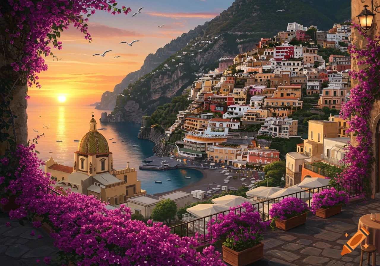 Vibrant sunset over the colorful cliffside town of Positano, Italy, with a church, bay, and purple bougainvillea in the foreground.