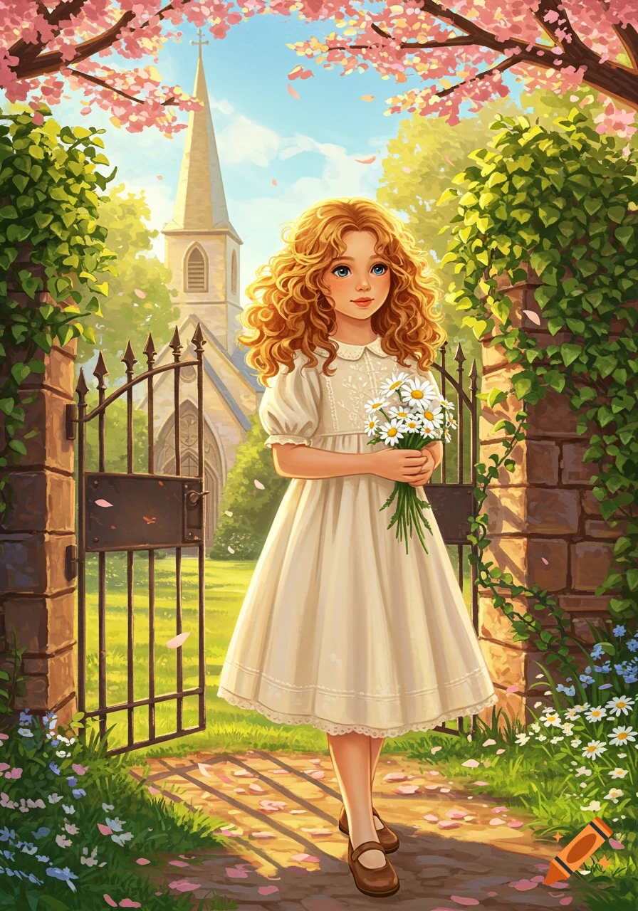 Illustrated young girl with red curly hair in a white dress holds daisies, standing by a gate to a church in a sunny spring garden.
