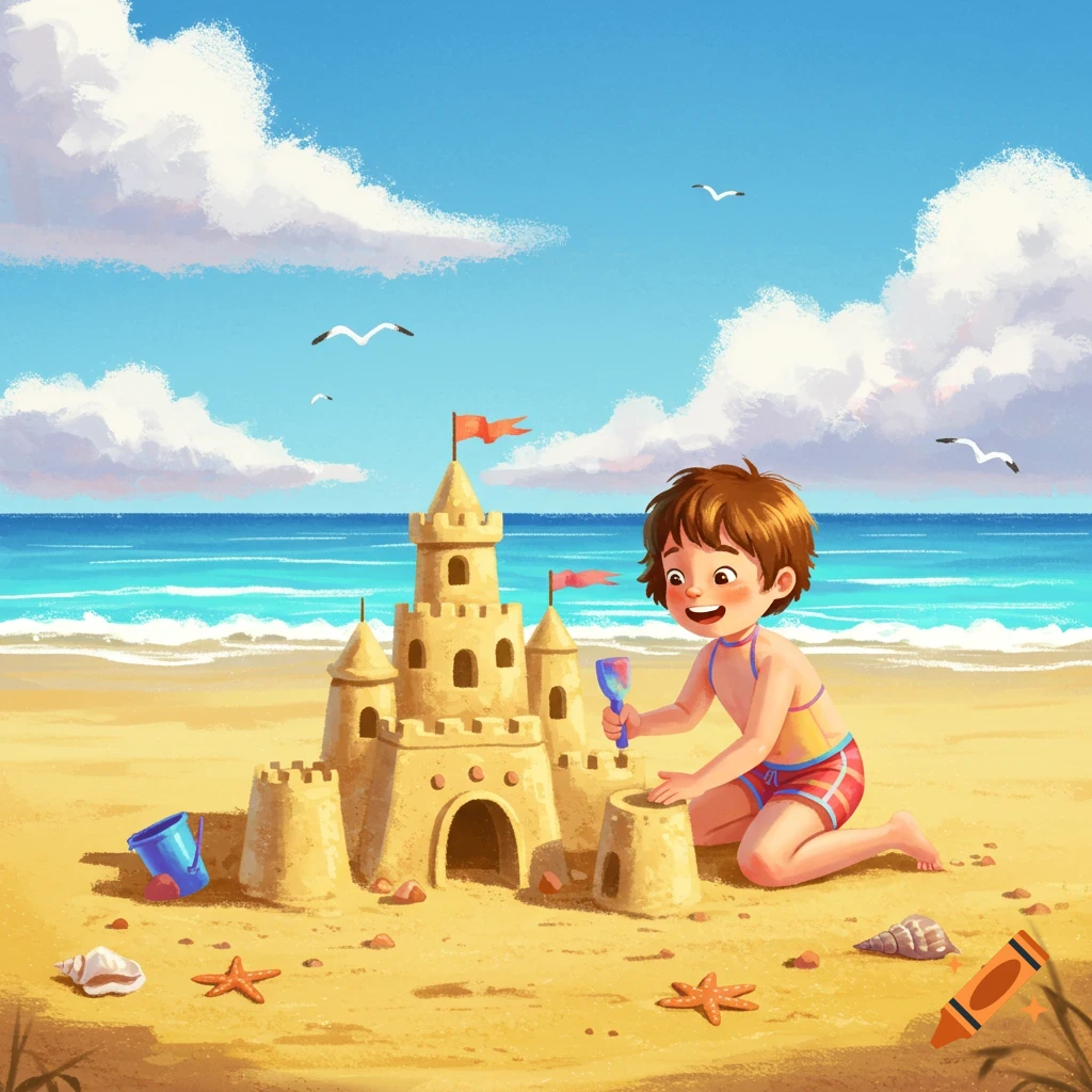 An illustration of a young child in a swimsuit playing on a sandy beach, building a sandcastle under a blue sky with clouds and seagulls.