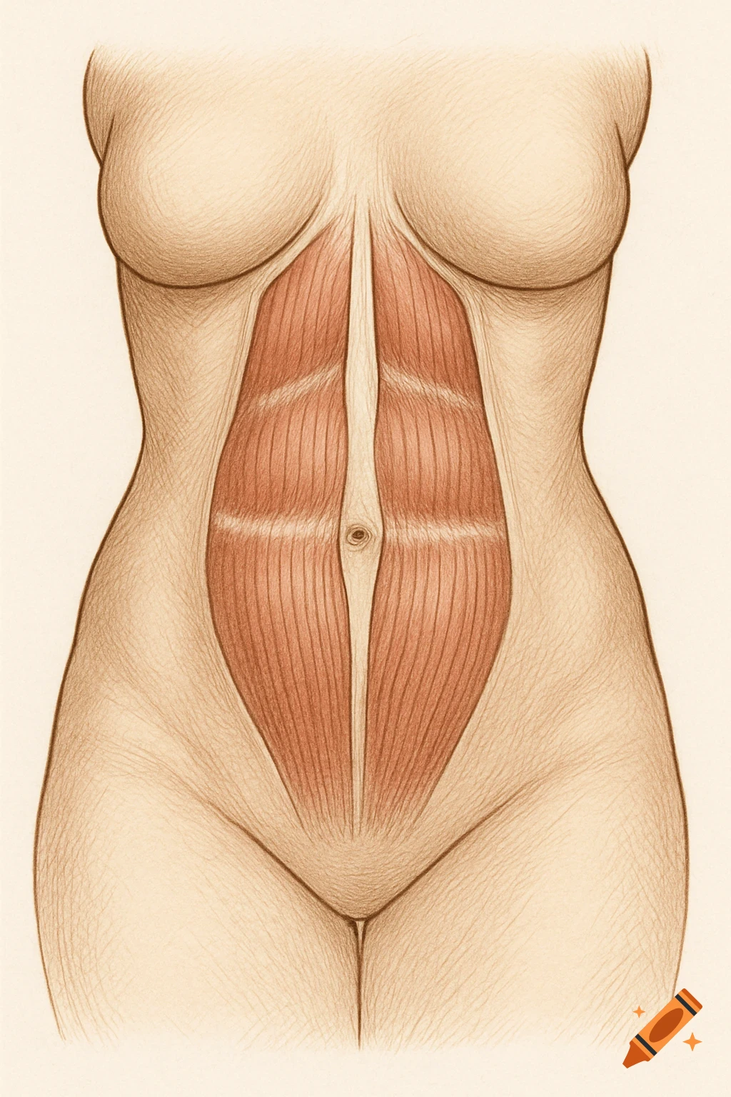Colored pencil illustration of a female abdomen showing diastasis recti, with separated rectus abdominis muscles.