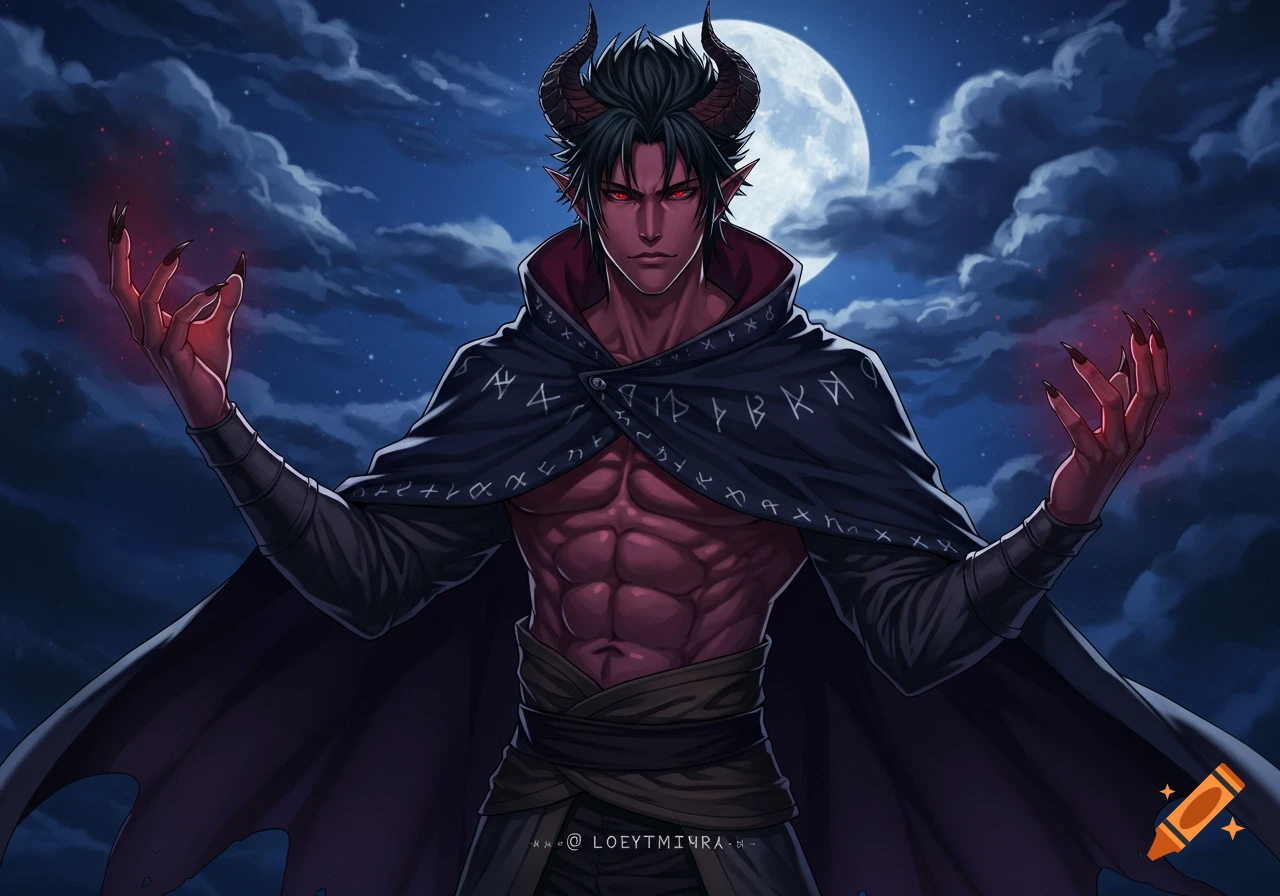 Anime-style male demon with horns, red eyes, and muscular chest, wearing a dark cloak with runic symbols, under a full moon.