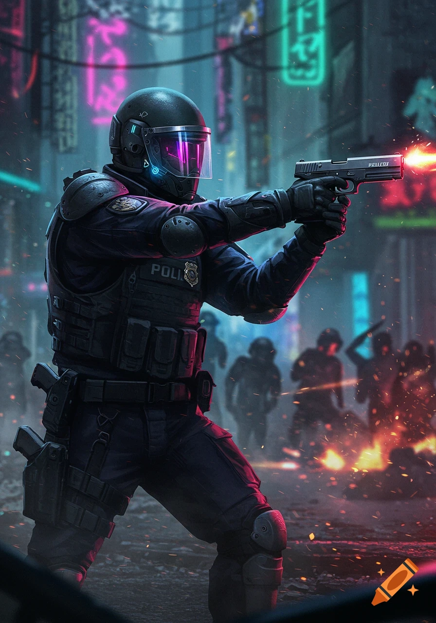 Sci-fi police officer in riot gear aims a pistol with a muzzle flash in a neon-lit, grim cyberpunk city street.