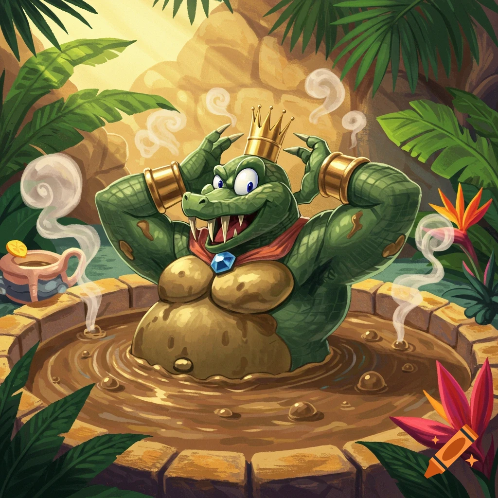 Cartoon King K. Rool from Donkey Kong relaxing chest-deep in a steaming mud hot tub, surrounded by tropical plants.