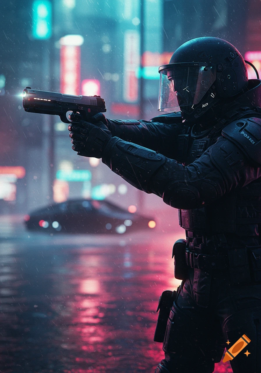 Sci-fi police officer in tactical gear aiming a pistol on a rainy, neon-lit cyberpunk city street.