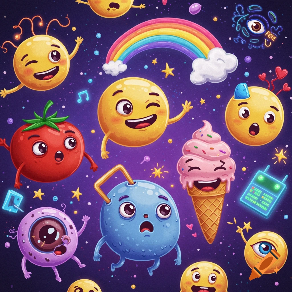Whimsical cartoon characters and emojis float in a starry purple galaxy with a rainbow and ice cream.