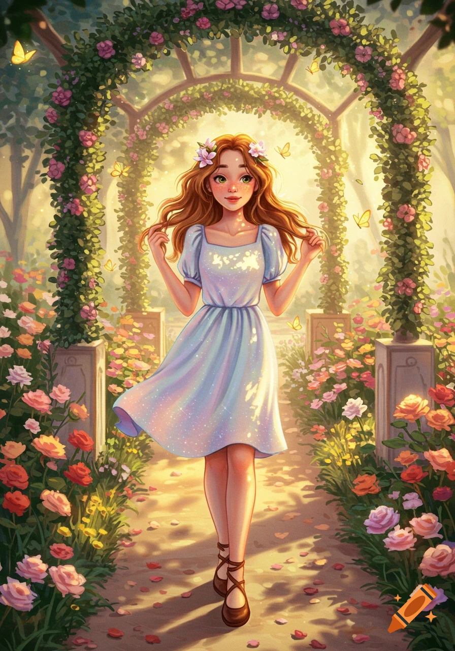 A charming young woman with long reddish-brown hair walks through a sunlit rose garden archway, in a whimsical illustration style.