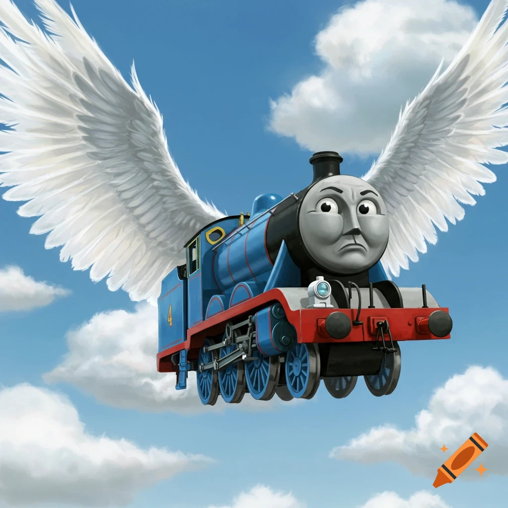 Gordon the blue train with white wings flies in a cloudy blue sky, looking unhappy, in a children's illustration style.