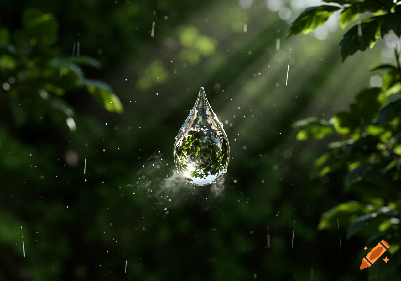 A large, photorealistic raindrop reflects green leaves, surrounded by mist and falling water against a blurred green background.