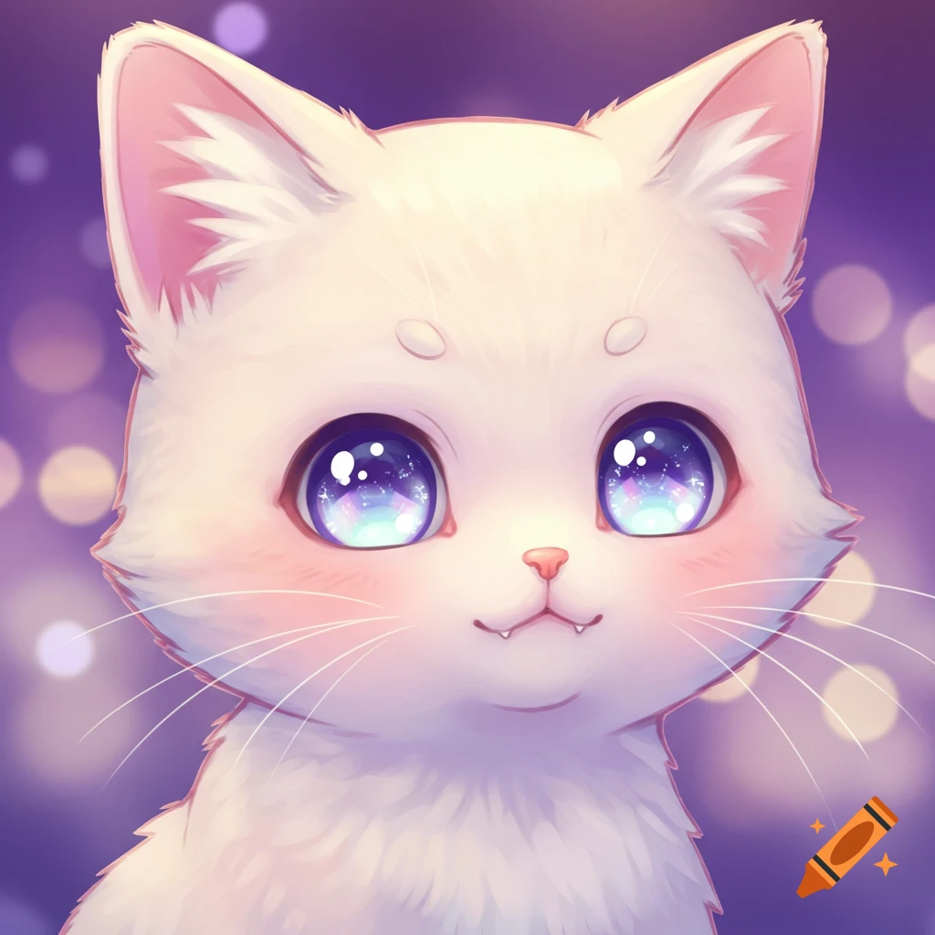 A close-up of a white chibi anime cat with large, sparkling blue eyes against a blurred purple background.