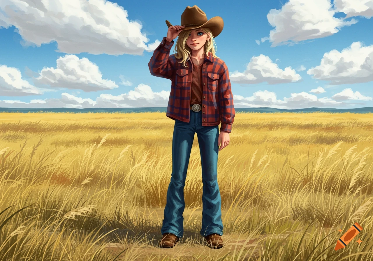 A blonde girl in a cowboy hat, flannel shirt, and jeans stands in a sunny golden field under a blue sky. Digital painting.