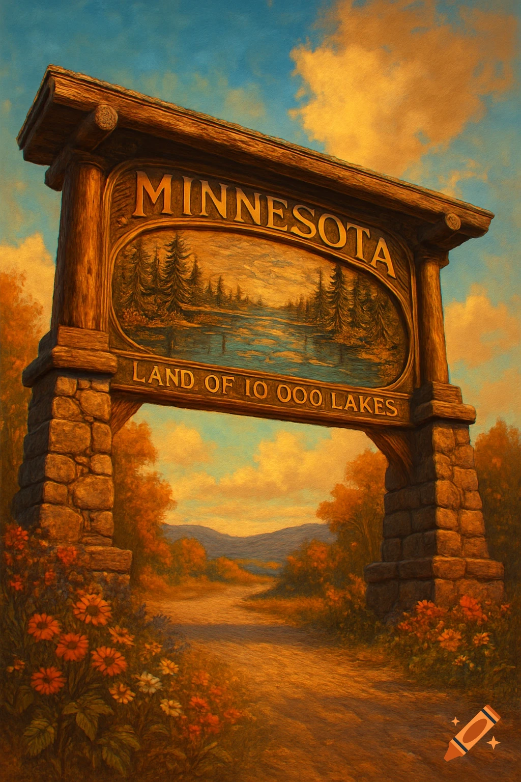 Painterly welcome gate for Minnesota with 'MINNESOTA' and 'LAND OF 10 000 LAKES' carved text, set in an autumn landscape.