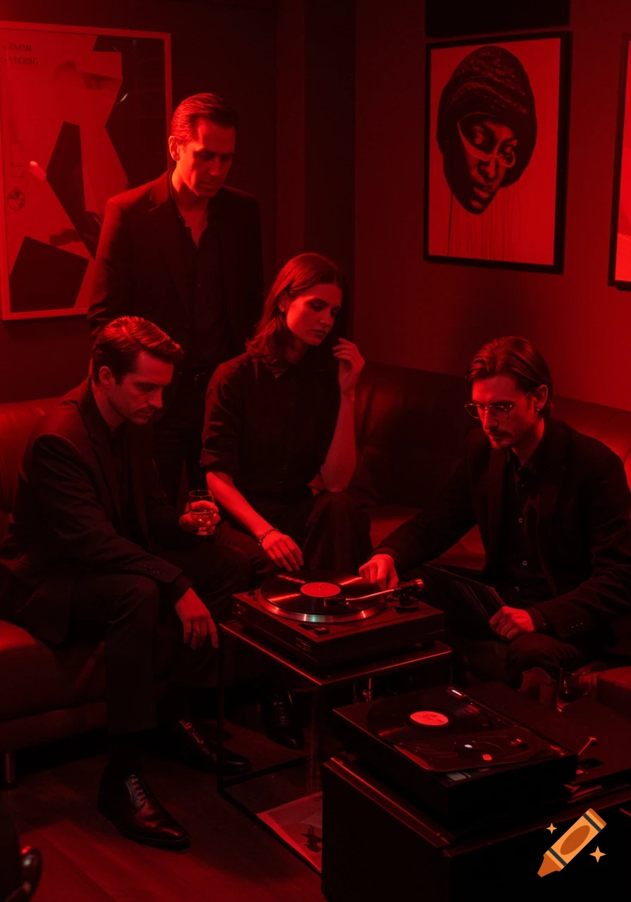 Four people in black clothes gathered around record players in a dark room with red lighting.