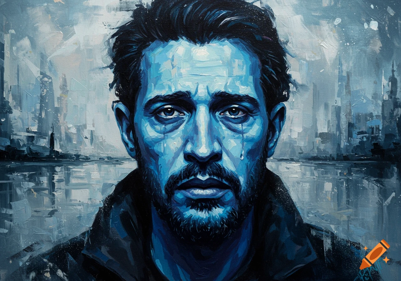 Oil painting of a sad man with blue skin and a tear, set against a blurry blue cityscape.