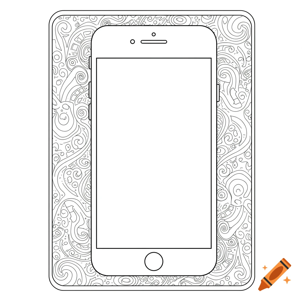 Black and white line art coloring page featuring a smartphone with a blank screen, surrounded by abstract swirling patterns.
