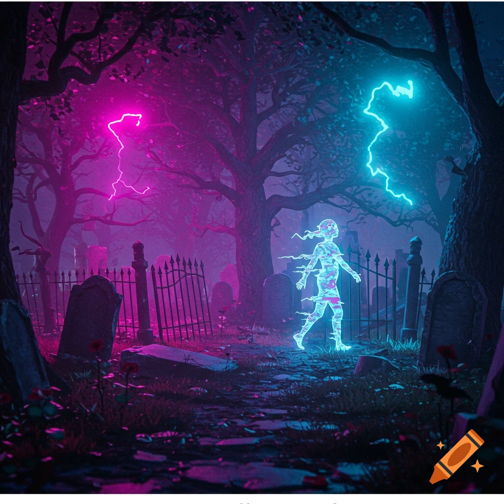 A glowing, spectral figure walks through a neon pink and blue lit graveyard with lightning strikes.