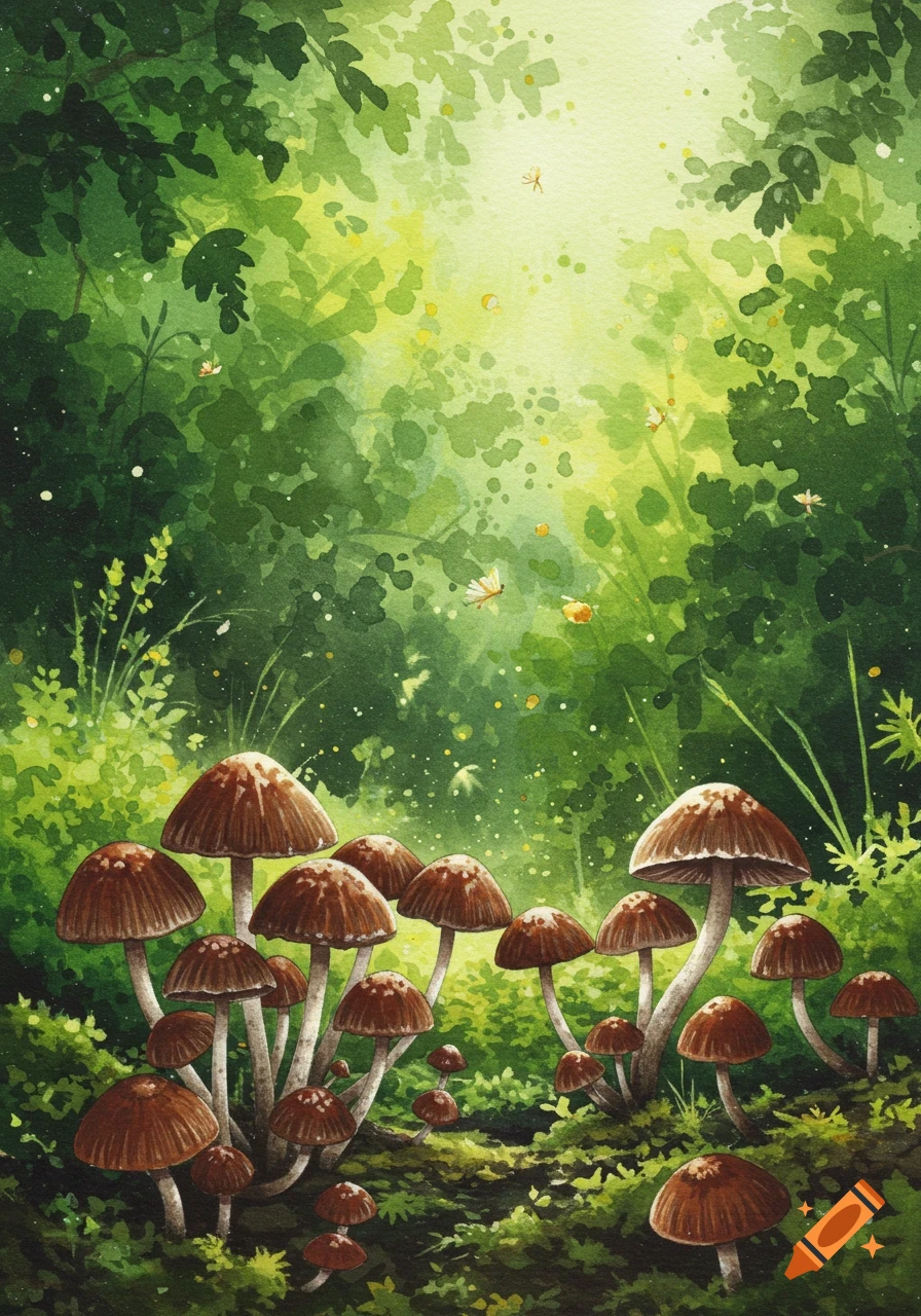Vibrant watercolor painting of a forest floor featuring numerous brown mushrooms and lush green foliage, bathed in soft light.