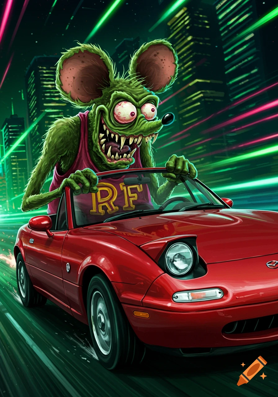 Cartoonish green Rat Fink driving a red Mazda Miata convertible at night with neon lights.