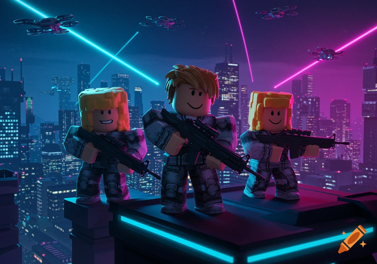 Three Roblox-style characters with guns stand on a futuristic city rooftop at night with drones and neon lasers.