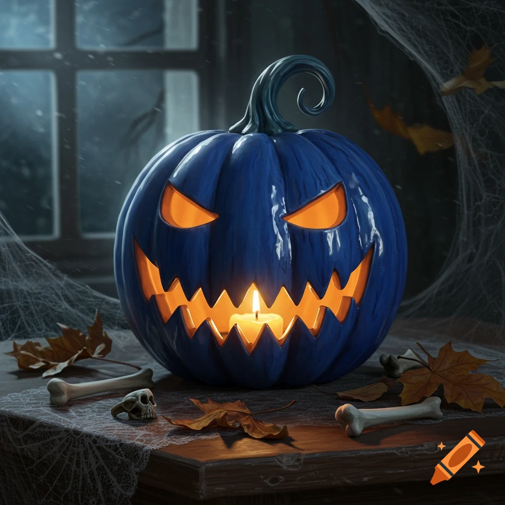 A blue jack-o'-lantern with a scary carved face and a glowing candle inside, surrounded by bones and autumn leaves on a table with cobwebs, in a spooky setting.