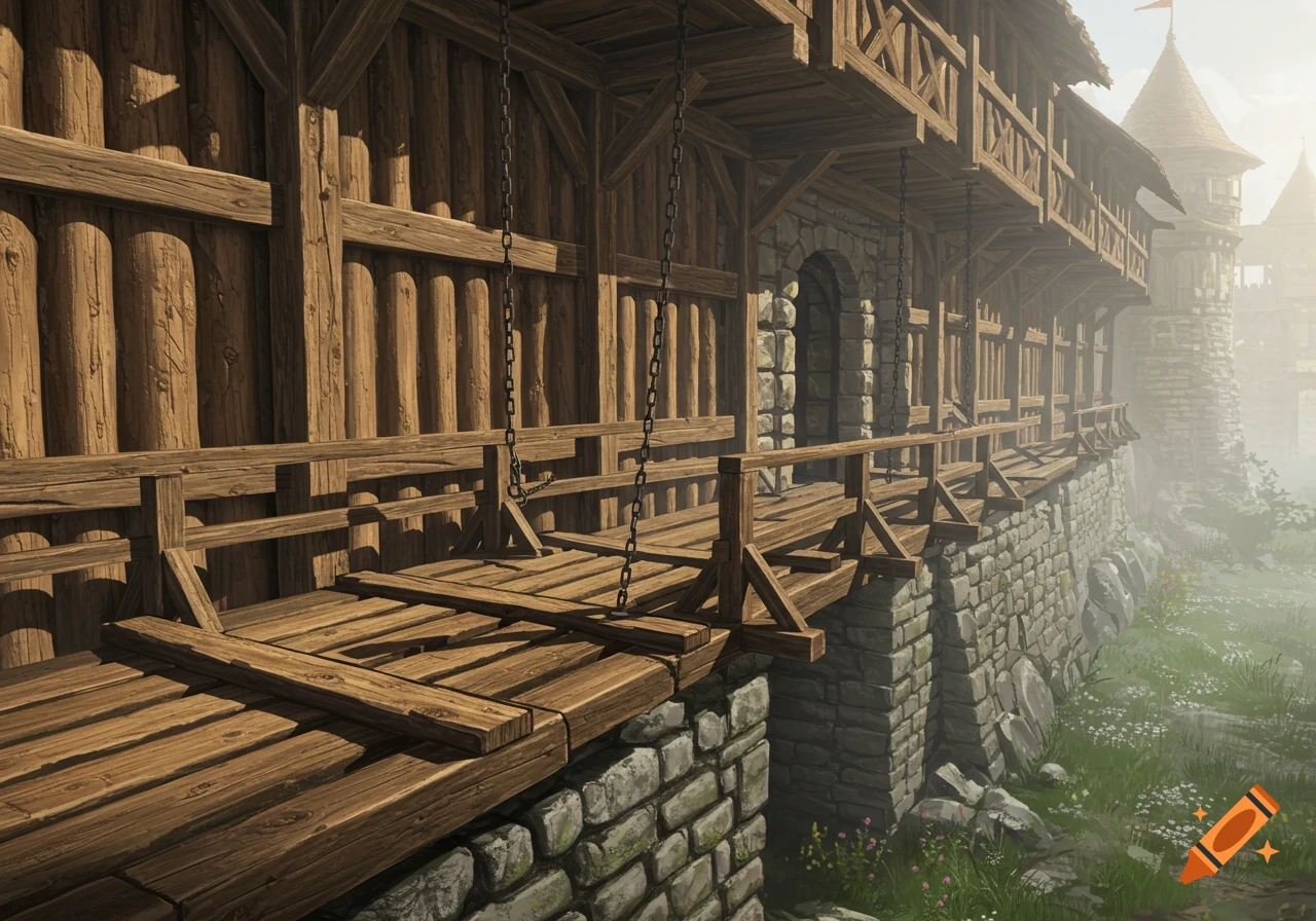 A photorealistic depiction of a wooden palisade castle wall with a walkway and distant towers in a misty medieval landscape.