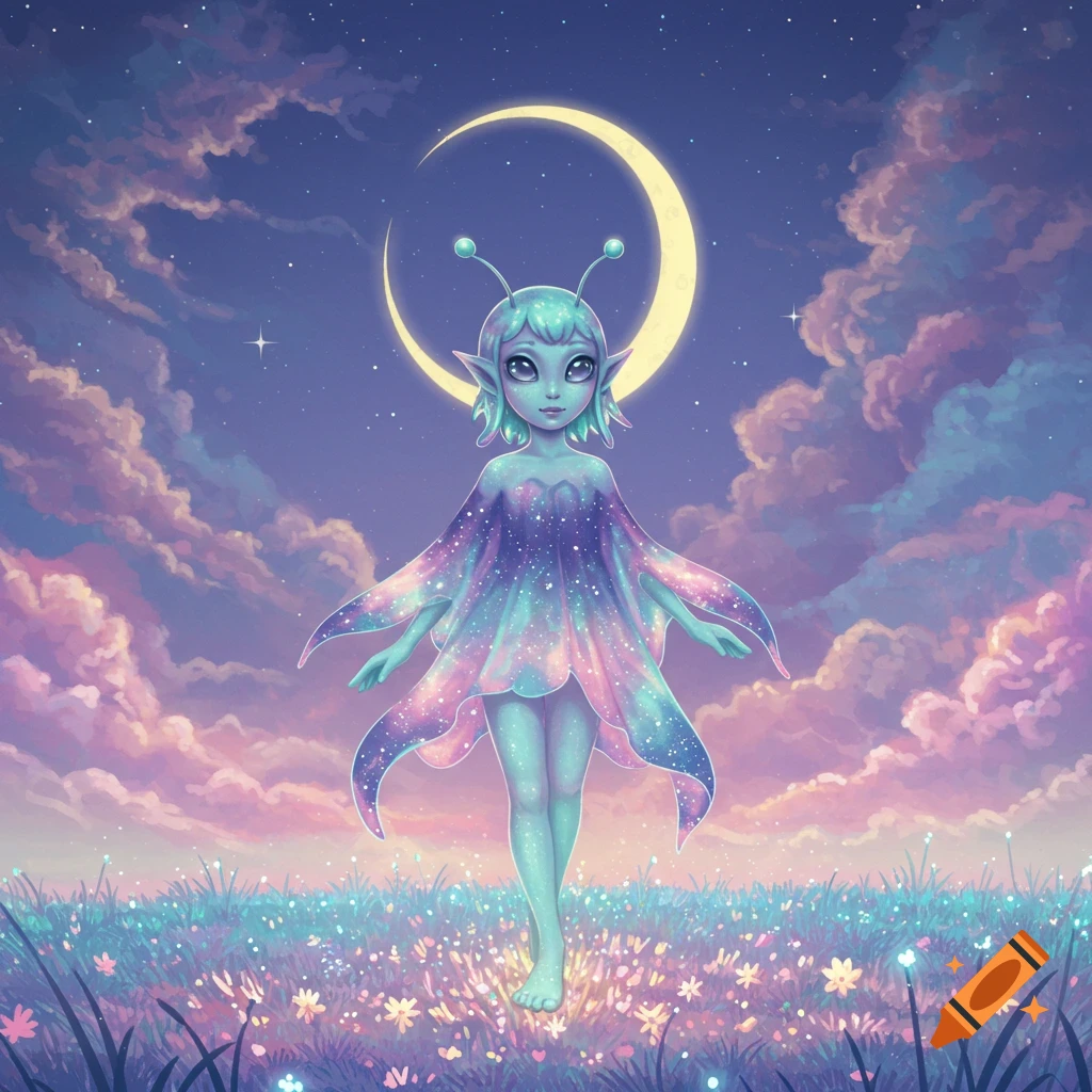 A cute alien girl with antennae and large eyes, wearing a galaxy dress, stands barefoot in a field of glowing flowers under a crescent moon and colorful night sky.