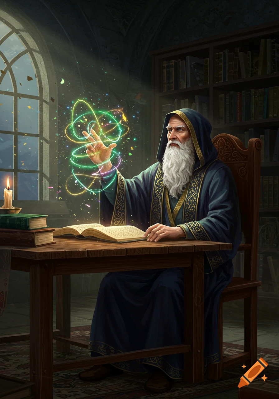 An old wizard with a long white beard casts a colorful spell from an open book at a wooden desk in a dimly lit library. Fantasy art style.
