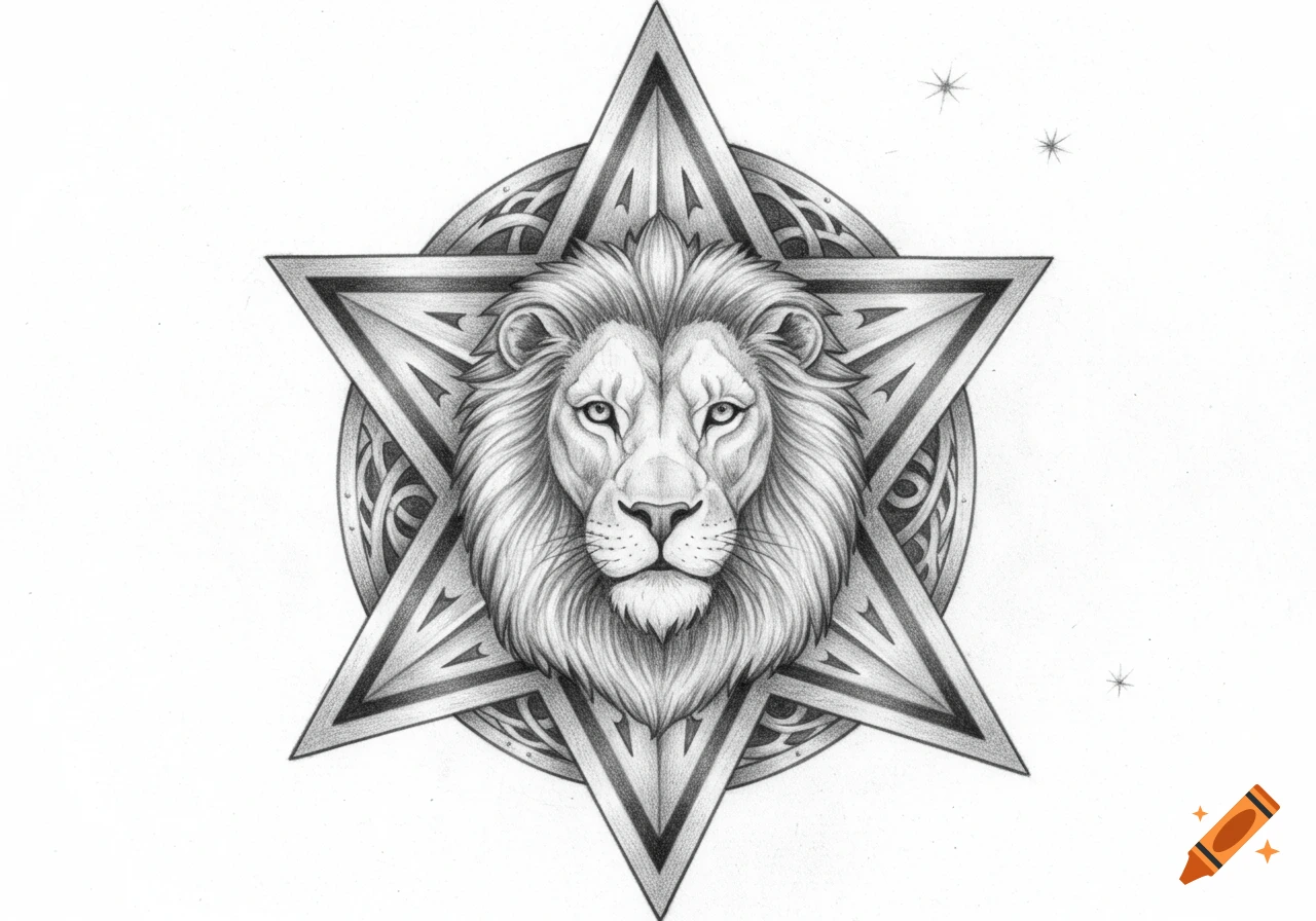 Detailed pencil drawing of a lion's head centered in a six-pointed star, over a circular shield with Celtic knot patterns.
