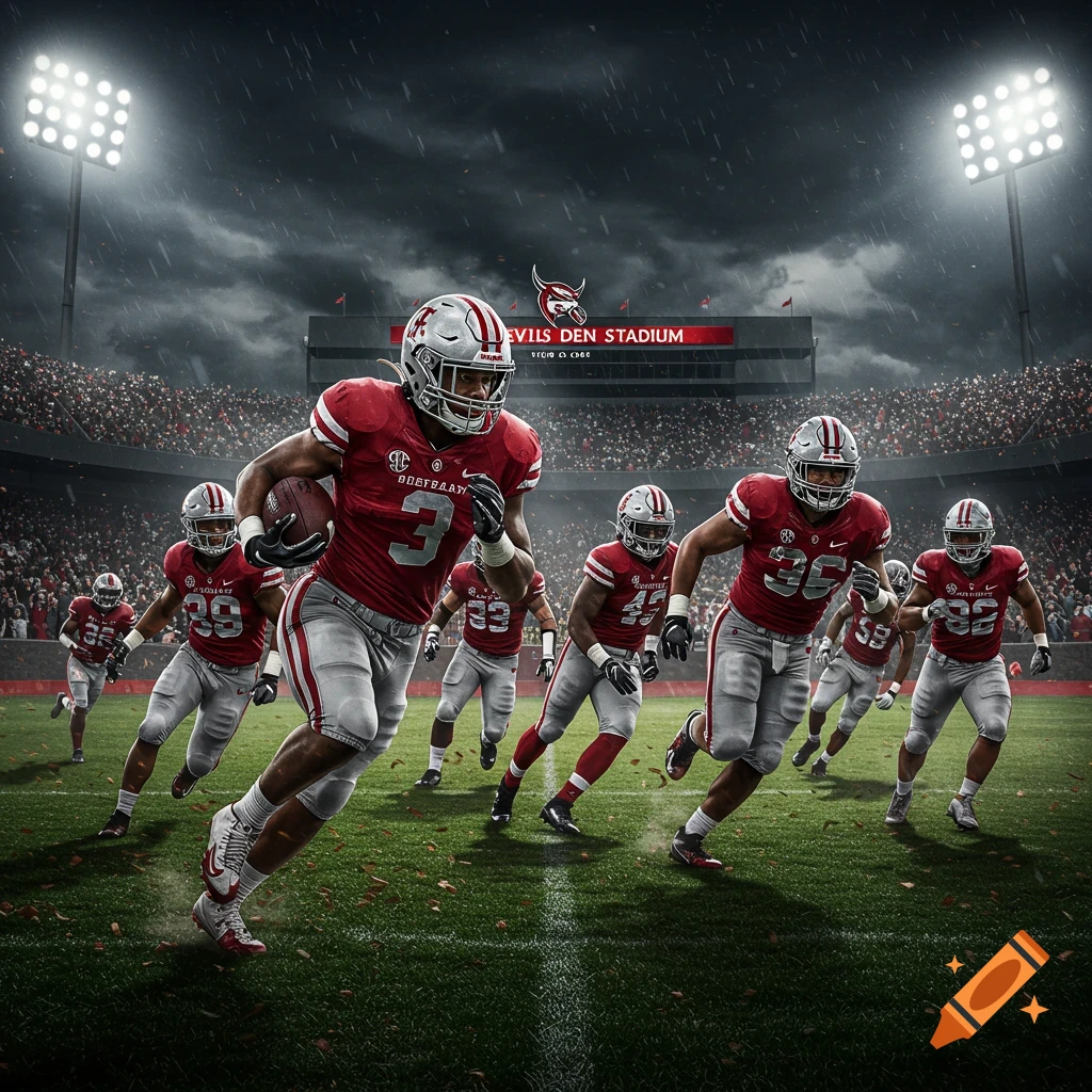 A photorealistic depiction of football players in red and white uniforms running on a field during a rainy night game in "Devils Den Stadium".