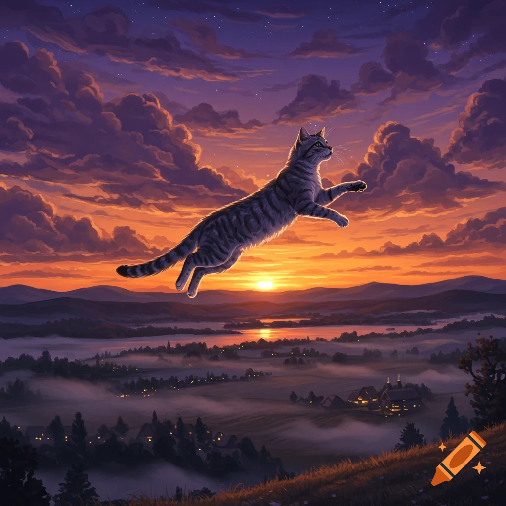 A gray tabby cat soars through a vibrant sunset sky, above a misty valley with distant lights and mountains.