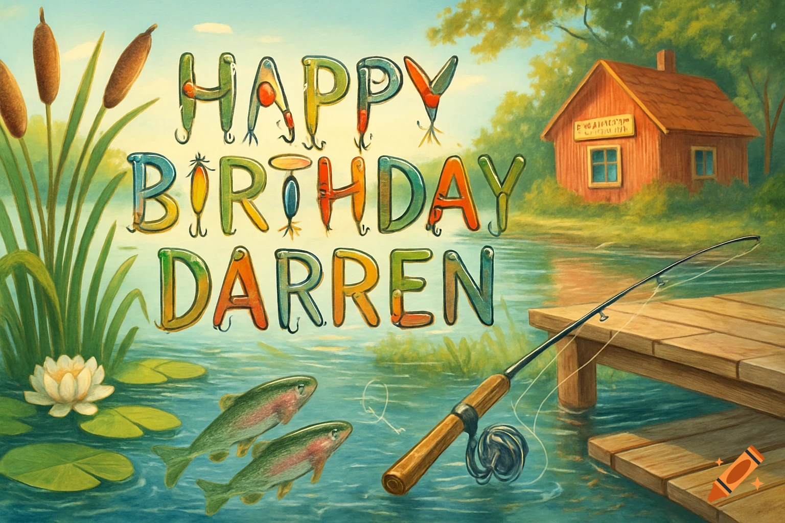A colorful birthday greeting card with a fishing theme. Text reads "HAPPY BIRTHDAY DARREN" with letters shaped like fishing lures. A wooden dock, fishing rod, a cabin, fish, cattails, and lily pads are on a lake under a blue sky.