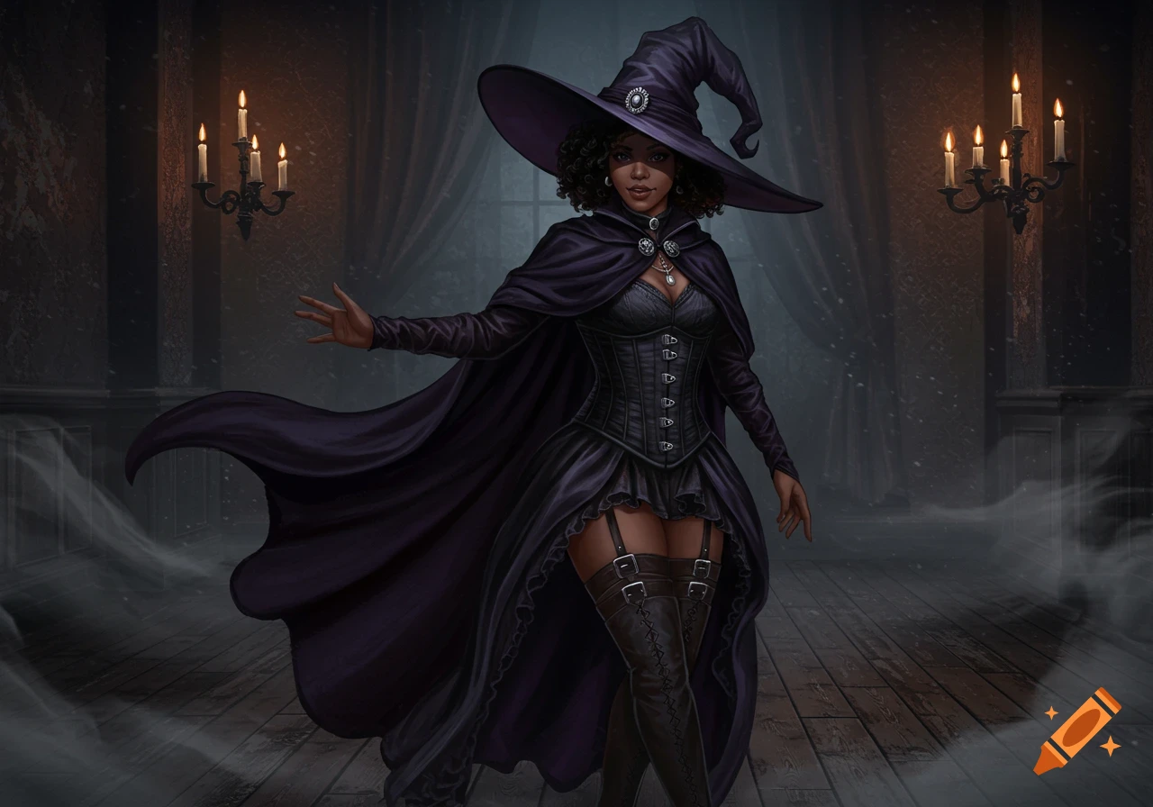A stylish African-American witch in a purple goth outfit and hat stands in a dark, atmospheric room with candelabras.