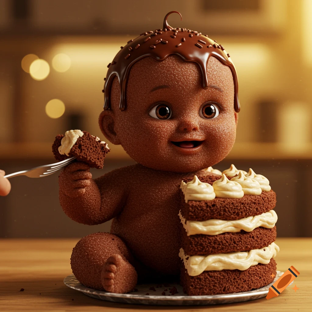 A whimsical chocolate cake baby with ganache hair happily eats a piece of cake with a fork, in a warm kitchen setting.
