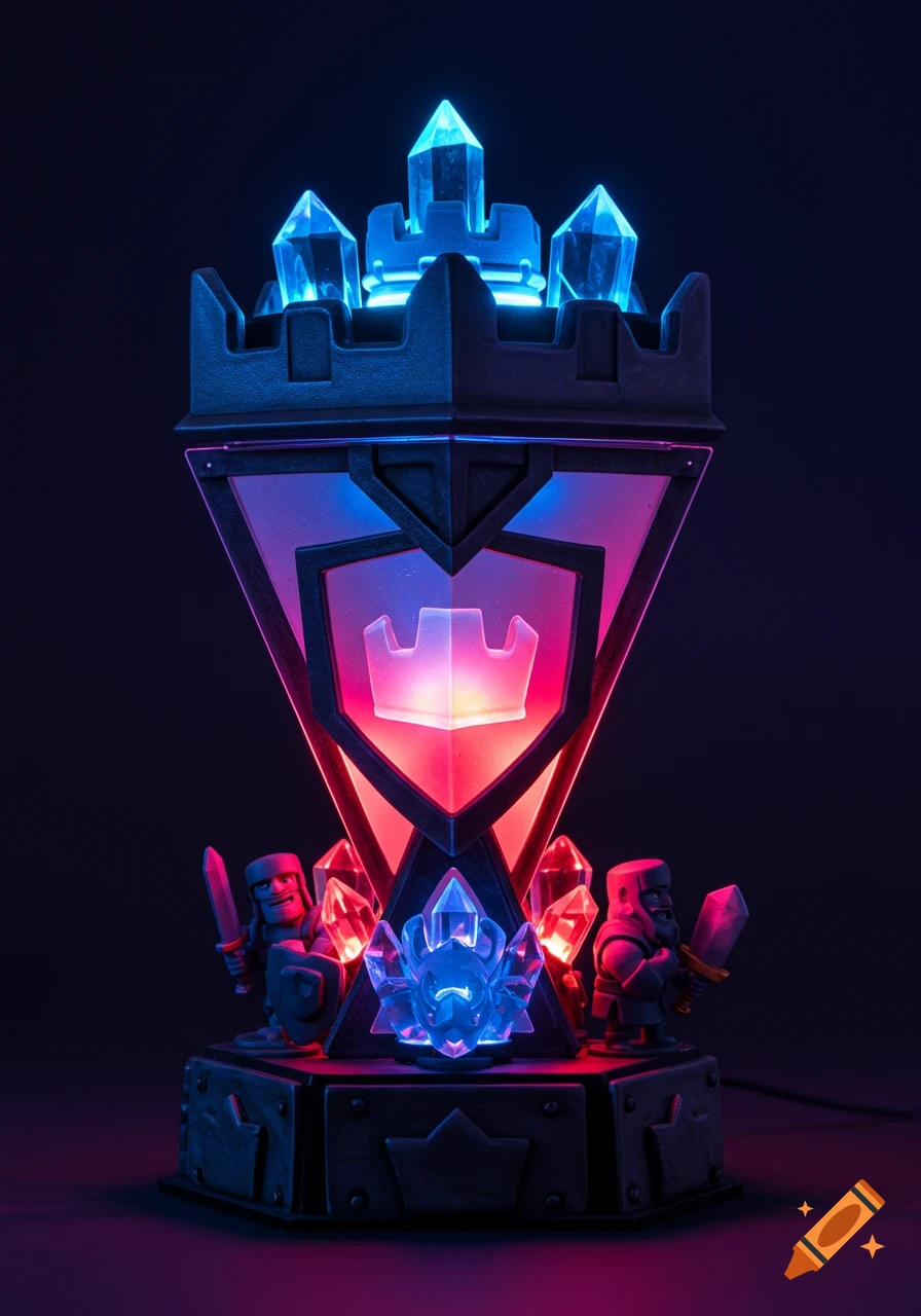 A Clash Royale-themed LED light in the shape of a castle with glowing blue and red crystals, flanked by small warrior figurines.