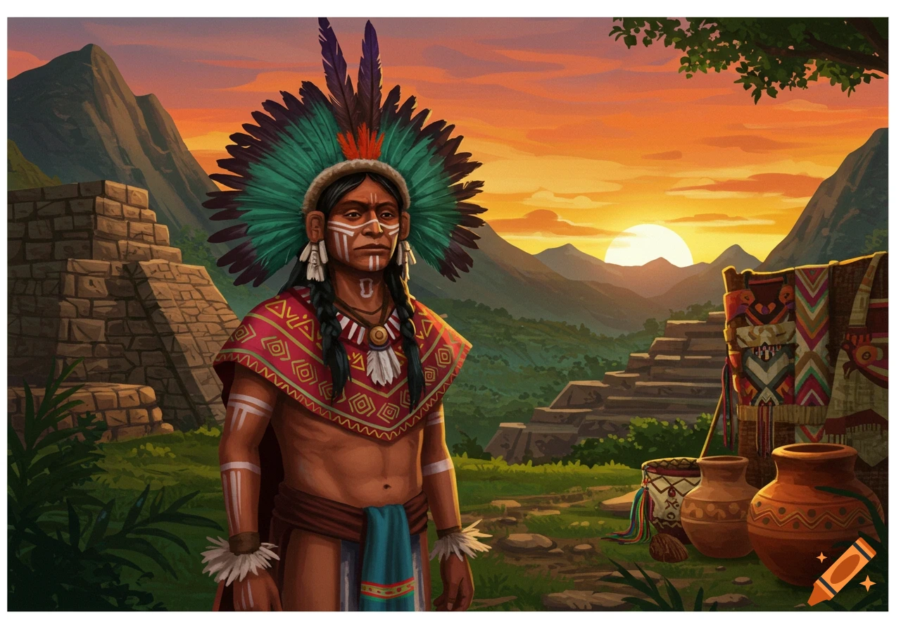 Illustrated indigenous man in a feathered headdress and face paint, standing before pyramids and mountains at sunset.