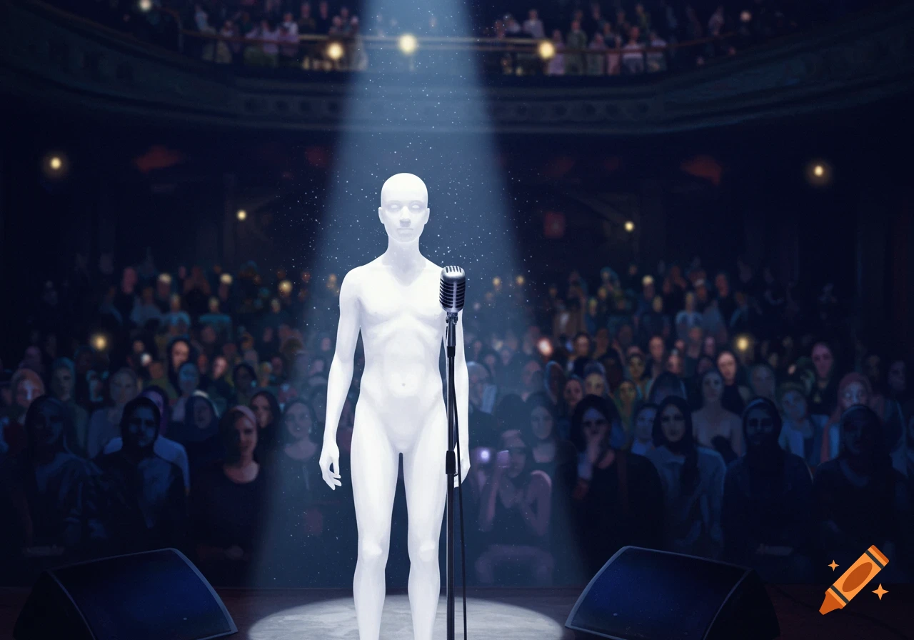 A white, featureless humanoid figure stands at a microphone on a stage under a spotlight, facing a blurred audience in a dark theatre.