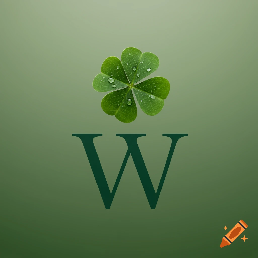 A vibrant green clover with water droplets centered above a dark green letter W on a soft green gradient background.