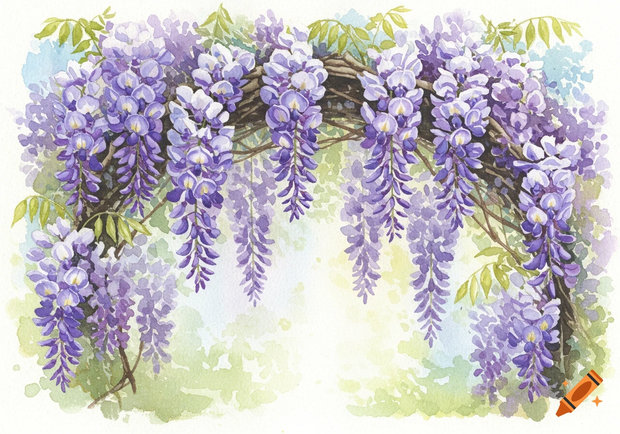 Watercolor painting of purple wisteria flowers creating an arched frame over a light background.