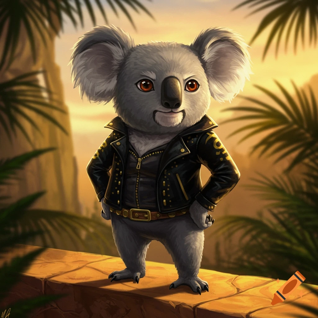 An anthropomorphic koala in a black leather jacket with gold details stands on a stone wall against a jungle sunset, in a stylized illustration.