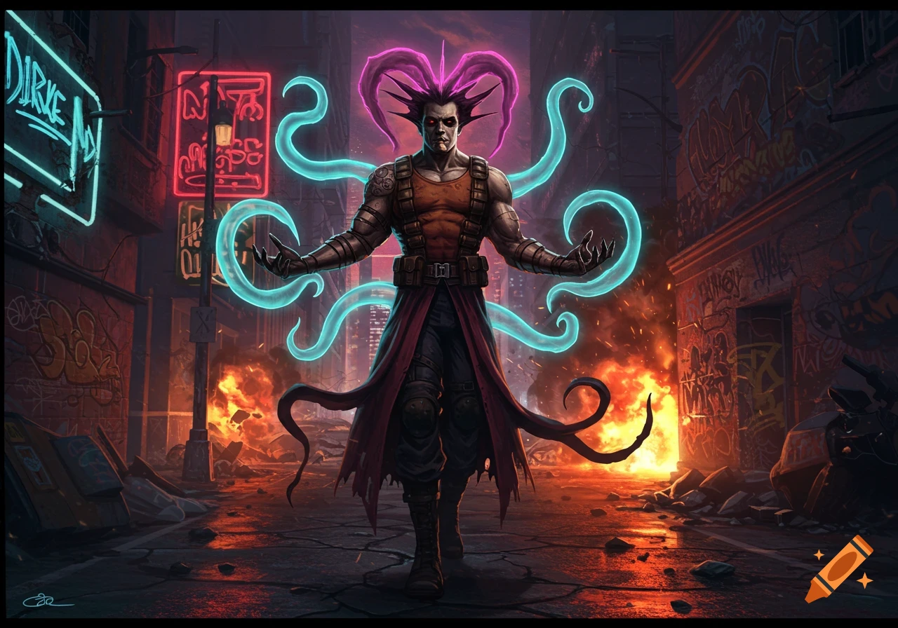 A muscular man with spiky hair and glowing blue tentacles stands in a burning, graffiti-covered cyberpunk alley with neon signs.