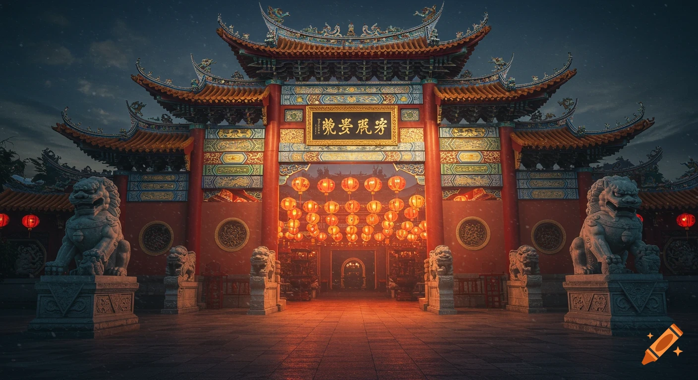 A majestic Chinese temple entrance with guardian lions, glowing red lanterns, and intricate decorations under a dramatic night sky.