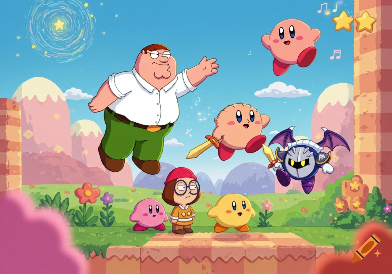 Peter and Meg Griffin from Family Guy with Kirby, Meta Knight, and other Kirby characters in a vibrant cartoon video game world.