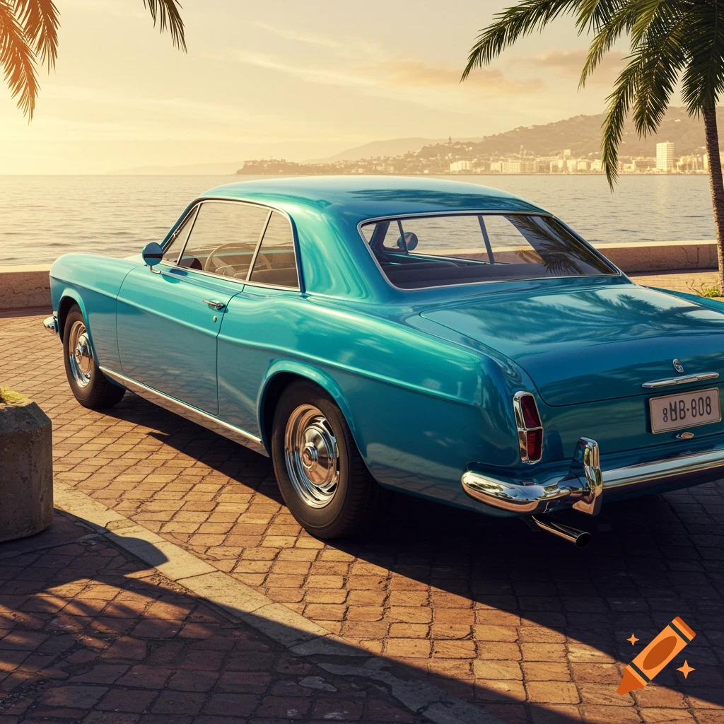 A vintage teal car parked on a brick promenade by the ocean at sunset with palm trees.