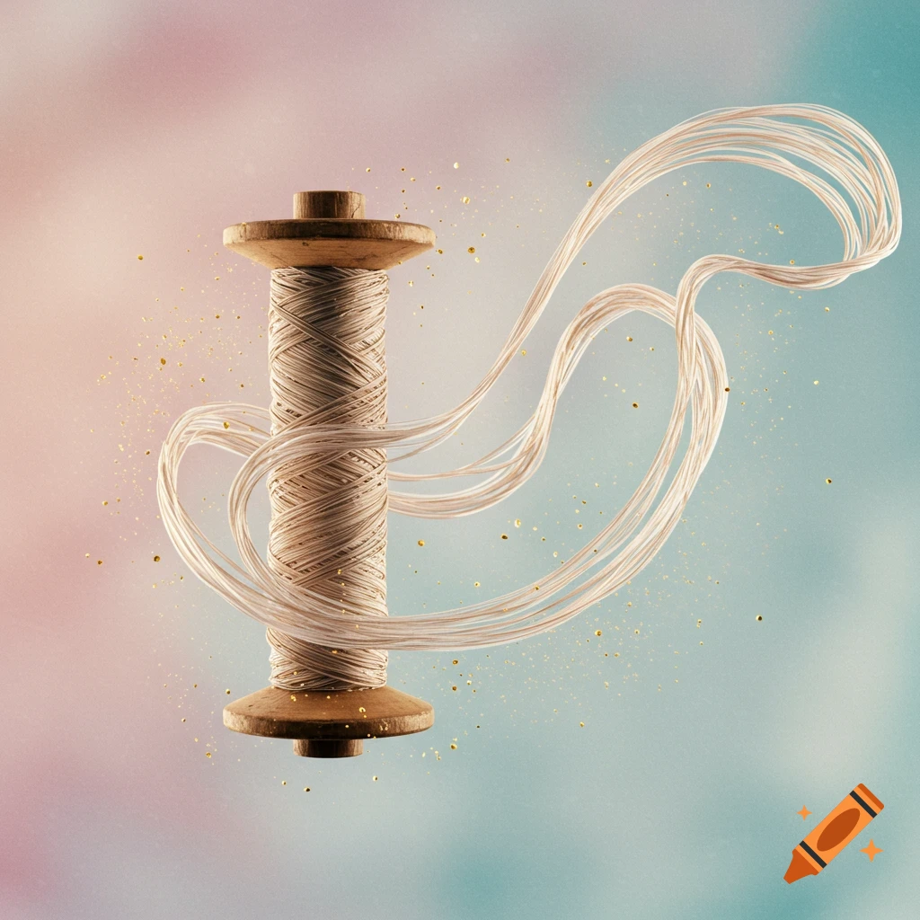 A wooden spool of beige thread with flowing white strands and gold glitter on a pink and blue gradient background.