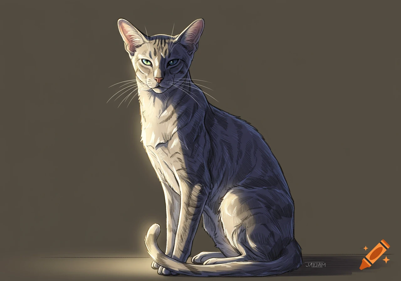 A drawing of a grey tabby cat with green eyes sitting, illuminated by strong, warm light from the left, against a dark background.