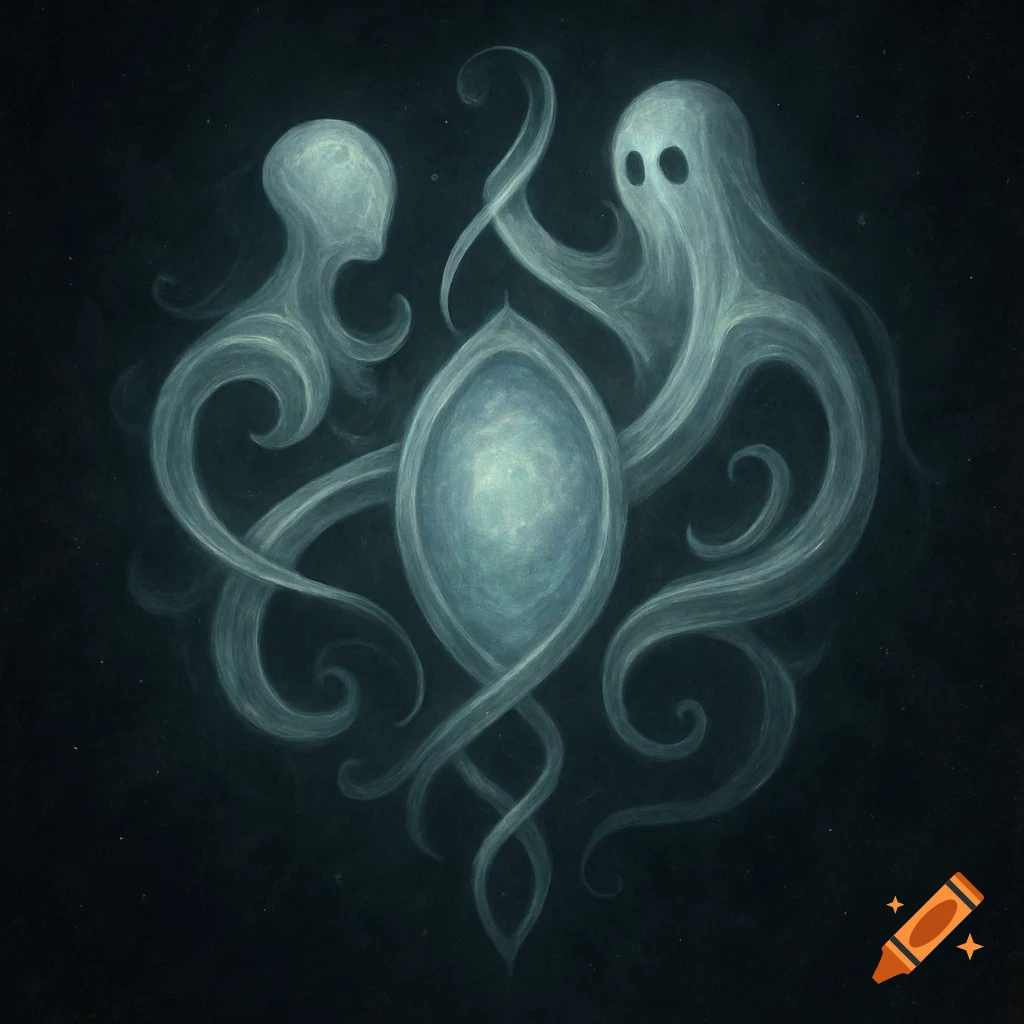Two ethereal light blue specters with swirling tendrils embrace a glowing oval on a dark background, in a stylized painting.