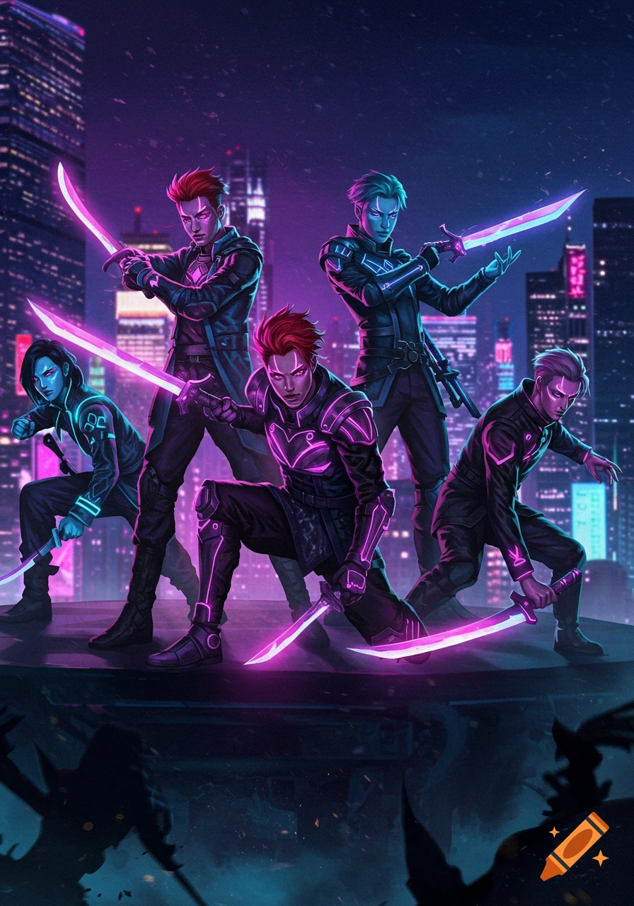 Five stylized male characters with glowing pink swords pose dynamically on a futuristic cityscape rooftop at night.