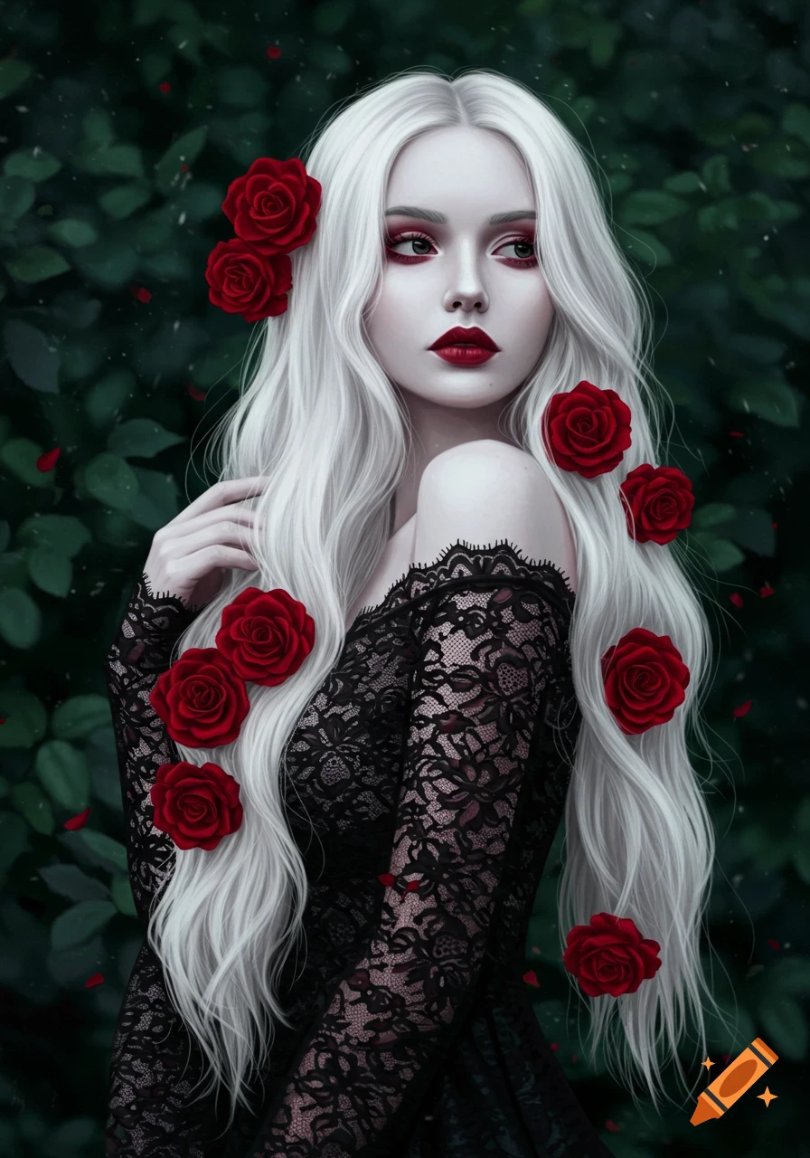 Digital portrait of a pale woman with long platinum blonde hair, red roses, and a black lace dress.
