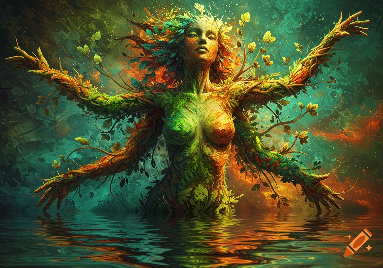 Vibrant fantasy art of a plant-covered dryad figure with outstretched arms rising from water, against a lush green and orange background.